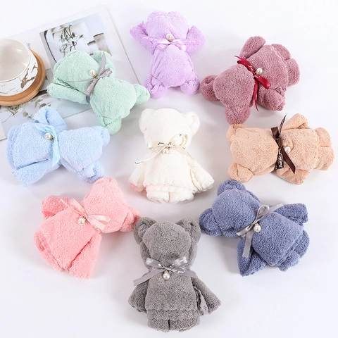 Teddy Bear Shaped Towel Coral Velvet Soft Absorbent Face Cloth With Artificial Pearl Ribbon Bow For Wedding Favor Baby Shower Gift