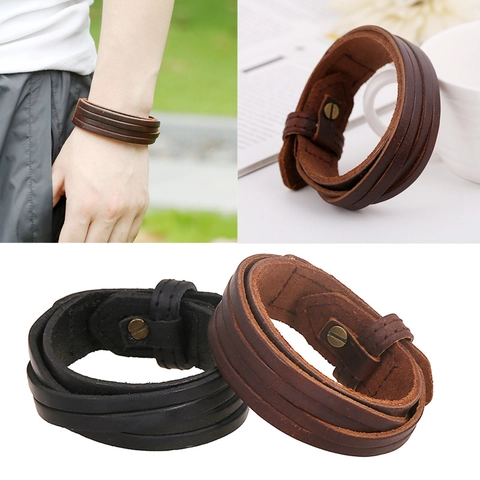Herren Breit Lederarmband Retro Geflochtenes Echtes Rindsleder Armreif Punk Rock Stil Mehrlagiger Schmuck Für Männer
