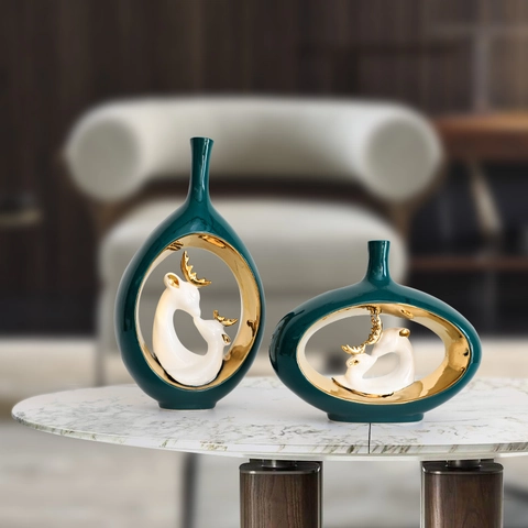 Modern Ceramic Decorative Vase Ornaments Hollow Gold Plated Design Luxury Deer Bird Sculpture Home Office Desktop Decor