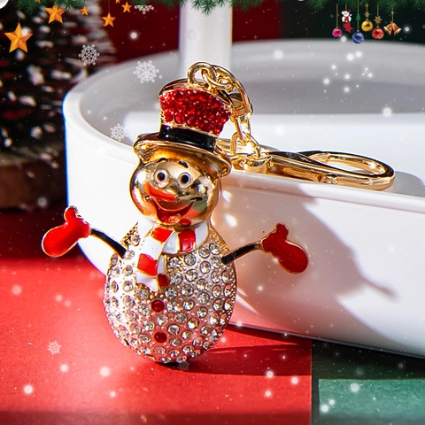 Porte-Clés Bonhomme de Neige de Noël Mignon Strass Alliage de Zinc Émail Plaqué Or Décoration de Sac Cadeau pour Femme