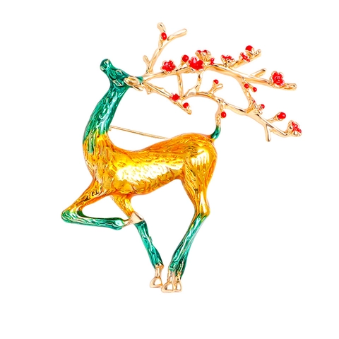 Broche de Alce de Esmalte de Aleación Vintage para Mujer Alfiler de Ciervo de Navidad Con Flores Rojas y Cornamenta Joyería