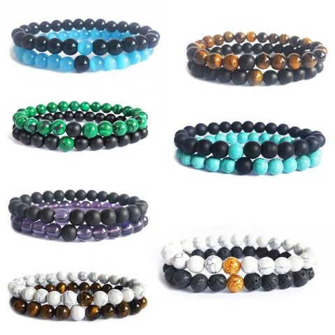 Bracciale Di Perline In Pietra Naturale Occhio Di Tigre Lava Agata Nera Opaca Turchese Bianco Elastico Gioiello Coppia Amicizia