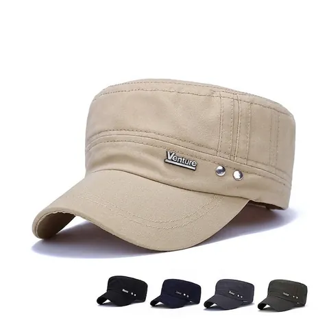 Men Flat Top Military Cap Cotton Adjustable Sun Protection Outdoor Sport Cadet Hat With Metal Letter Tag
