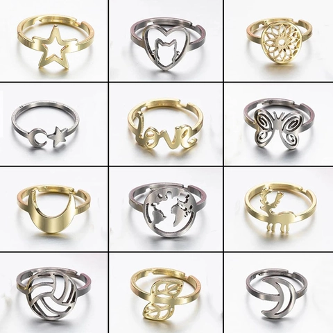 Hollow Geometrische Ringe Edelstahl Verstellbar Offen Stern Mond Herz Schmuck Für Frauen Vintage Mode Stil