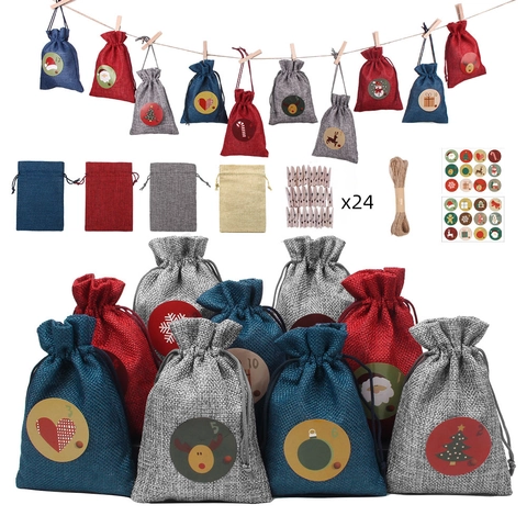 Christmas Advent Calendar Gift Bags Linen Burlap Drawstring Pouch DIY Holiday Countdown Decor Wood Clips Jute Rope