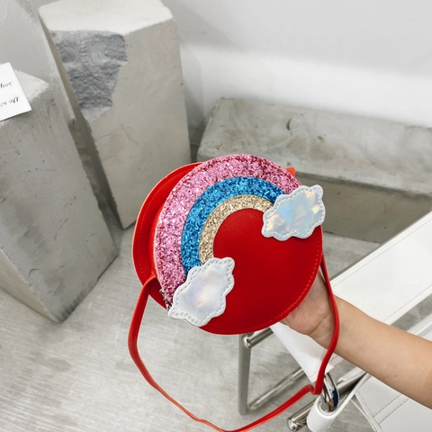 Mini Round Crossbody Bag For Toddler Girls PU Leather Glitter Rainbow Sequins And Holographic Clouds Shoulder Purse Cute