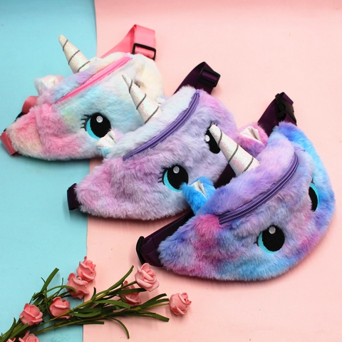 Unicorn Plush Fanny Pack Cute Cartoon Big Eyes Waist Bag Tie-Dye Gradient For Kids Girls Adjustable Strap