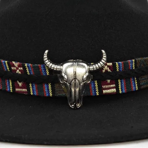 Retro Fedora Hat Wide Brim Felt Jazz Hat With Tribal Woven Band Metal Bull Head Accessory Western Cowboy Style