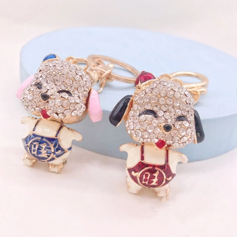 Creatieve Schattige Cartoon Legering Strass Hond Sleutelhanger Gelukkige Puppy Tas Hanger Auto Sleutelhanger Cadeau