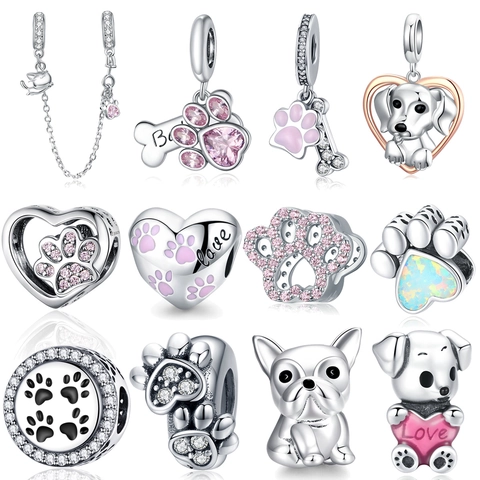 Pet Paw Print Charms 925 Sterling Silver Cute Dog Cat Animal Heart Beads For DIY Bracelet Jewelry Making