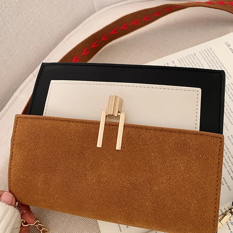 Borsa Tracolla Donna Pelle PU Satinata Scamosciata Color Block Borsa Spalla Quadrata Tracolla Larga Catena Metallo