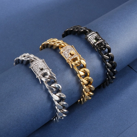 Collar Y Pulsera De Eslabones Cubanos Para Hombre Acero Inoxidable 316L Cierre De Diamantes De Imitación Joyería Hip Hop