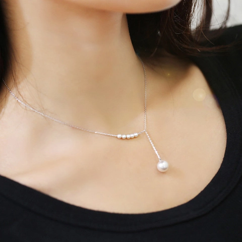 925 Sterling Silver Y-Shape Artificial Pearl Pendant Necklace Korean Fashion Rhinestone Geometric Jewelry For Women Gift