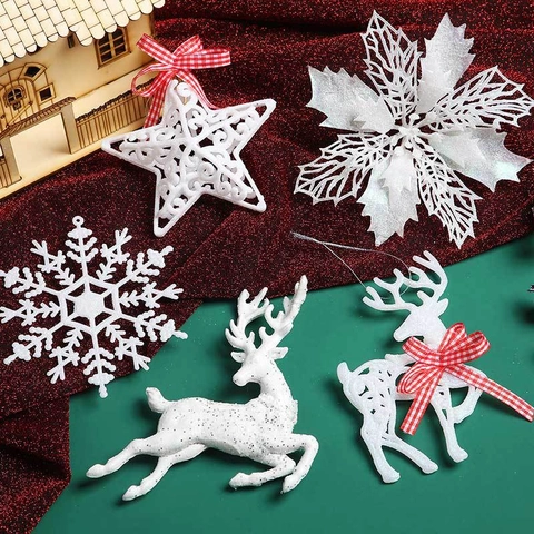 Ornamenti Natalizi Appesi Bianchi Glitterati Plastica Fiore Cavo Fiocco Di Neve Renna Stella Per Decorazione Di Feste