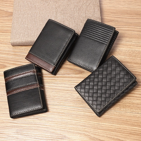 Cartera Hombre Plegable Cuero Genuino Bloqueo RFID Múltiples Ranuras Tarjetas Ventana Foto Negocios Casual
