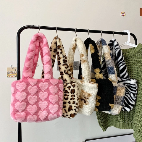 Women Faux Fur Plush Tote Bag Soft Heart Pattern Leopard Print Cute Kawaii Shoulder Handbag For Autumn Winter Girls