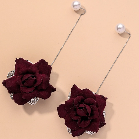 Pendientes De Hilo De Oreja Con Perla Artificial De Flor De Rosa De Tela Roja Vintage Con Poste De Plata De Ley 925 Aleación Para Mujeres