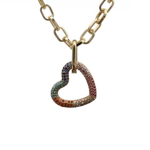 Collier Pendentif Coeur Cuivre Plaqué Or Zircon Coloré Pierres Arc En Ciel Bijoux Style Hip Hop Pour Femmes Hommes