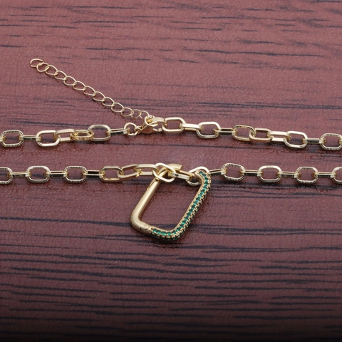 Rectangle Pendant Necklace Copper Green Gemstone Carabiner Lock Hip Hop Fashion Jewelry For Men