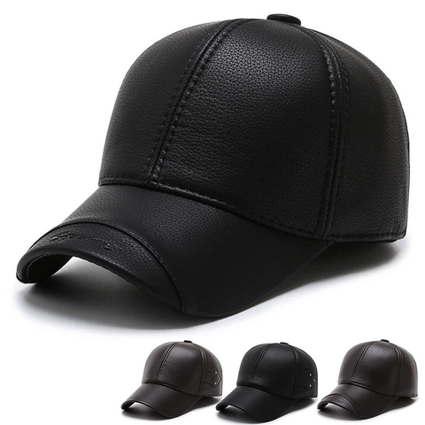 Baseball Cap PU Leather Men Winter Warm Ear Flaps Adjustable Litchi Texture Outdoor Sports Classic Casual
