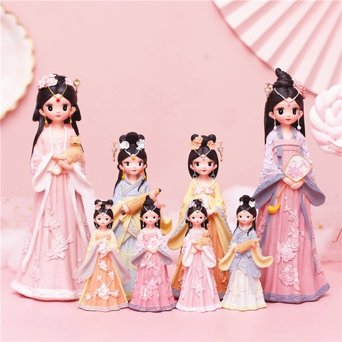 Ancient Chinese Hanfu Girl Figurine Resin Q-Version Lady Desktop Ornament Vintage Oriental Miniature Home Decor Gift