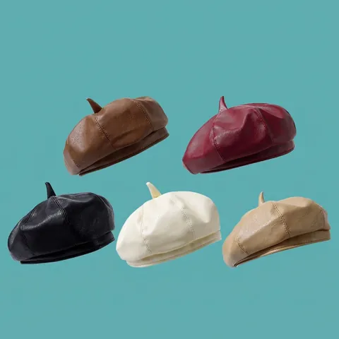 Solid Color PU Leather Beret Hat For Women Vintage Painter Hat Retro Korean Style Warm Autumn Winter Accessory