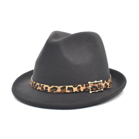 Wool Felt Fedora Hat Panama Jazz Cap With Leopard Print Band And Metal Buckle For Men Women Winter Autumn Solid Color