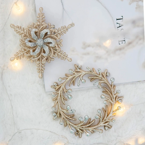 Addobbi Natalizi Appesi Glitterati Oro Champagne Argento Fiocco Di Neve Angelo Corona Pendenti Per Albero Di Natale Decorazioni