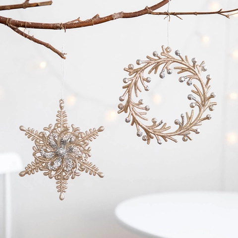 Addobbi Natalizi Appesi Glitterati Oro Champagne Argento Fiocco Di Neve Angelo Corona Pendenti Per Albero Di Natale Decorazioni