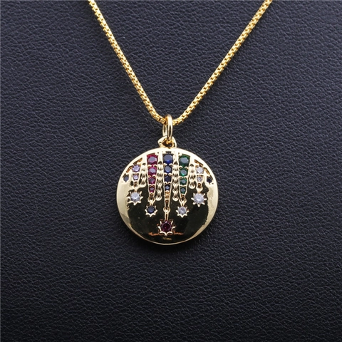 Bunter Zirkon Handanhänger Rundhalskette Vergoldeter Kupfer Box Kette Schmuck Für Frauen Mode Retro Stil