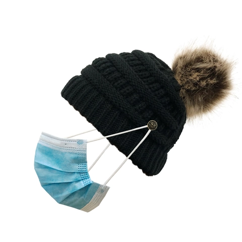 Women Knit Beanie Hat With Faux Fur Pom-pom Acrylic Ponytail Hole Mask Buttons Winter Warm Soft Stretchy Outdoor Accessory