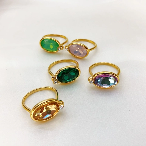 Anillo De Cobre Retro Con Cristal De Color Ovalado Y Pequeño Diamante De Imitación Joyería De Moda Para Mujeres
