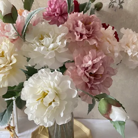 Artificial Peony Satin Flower Flocked Stem Realistic Floral Arrangement Home Wedding Decor Faux Peonies Branch
