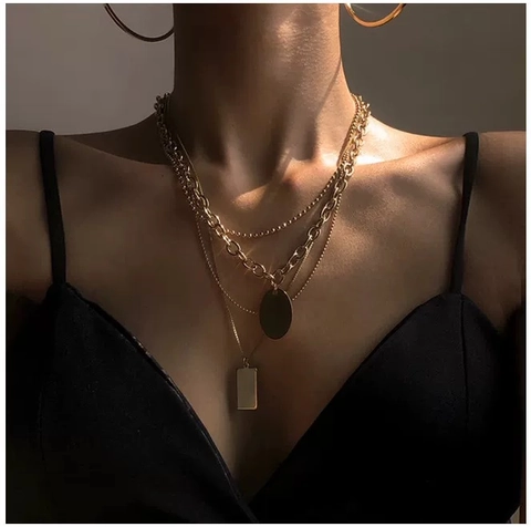 Minimalist Stainless Steel Multi Layered Necklace For Women Vintage Geometric Round Rectangular Pendant Gold Silver Plated Jewelry