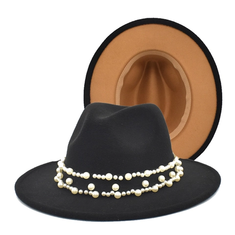 Woolen Fedora Hat Wide Brim Artificial Pearl Band Contrast Color Lining Vintage Jazz Cap Outdoor Travel Unisex