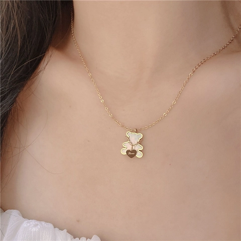 Sweet Bear Pendant Necklace Stainless Steel White Mother Of Artificial Pearl Shell Heart Charm Love Engraved Fashion Jewelry For Women