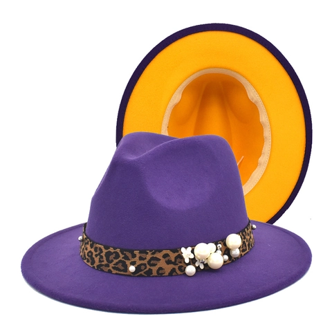 Cappello Fedora Feltro Lana Tesa Larga Bicolore Fascia Leopardata Perla Artificial Fiore Decorazione Stile Vintage Britannico Unisex