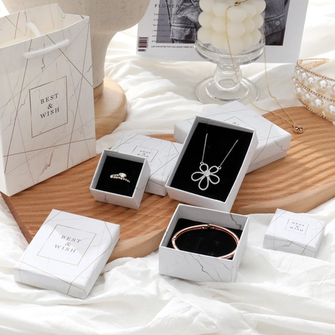 Marble Pattern Jewelry Box Set Paper Cardboard Necklace Earring Ring Storage Box With Gift Handbag Jewelry Packaging Display Case
