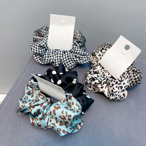 Satin Fabric Scrunchies Elastic Hair Ties Polka Dot Leopard Print Houndstooth Fashion Accessories For Women