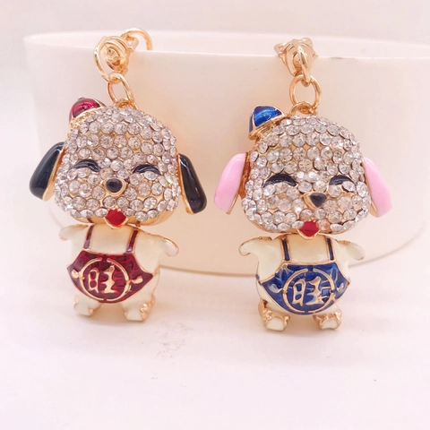 Creatieve Schattige Cartoon Legering Strass Hond Sleutelhanger Gelukkige Puppy Tas Hanger Auto Sleutelhanger Cadeau