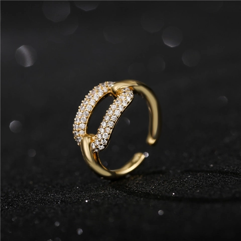 Geometric Open Ring Copper Gold Plated Adjustable Micro Inlaid Zircon Trendy Ins Style For Women
