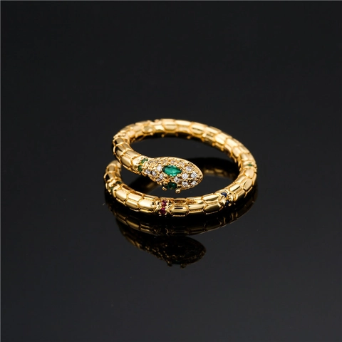Kreativer Schlangenförmiger Offener Ring Kupfer Mikro Inkrustiert Bunter Zirkon Vergoldet Verstellbarer Schmuck Damen