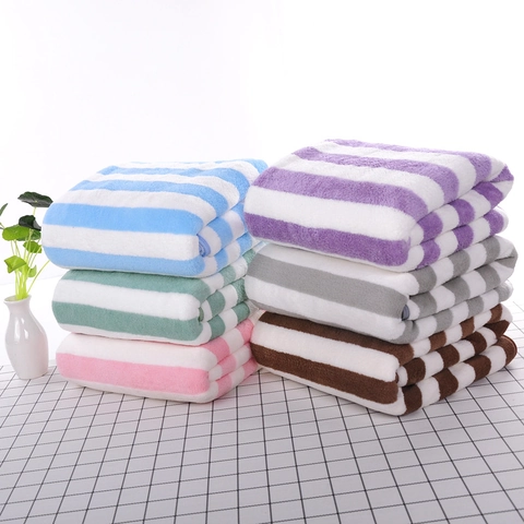 Striped Bath Towels Microfiber Coral Fleece Soft Absorbent Quick Dry Face Towels For Bathroom Hotel Home Spa