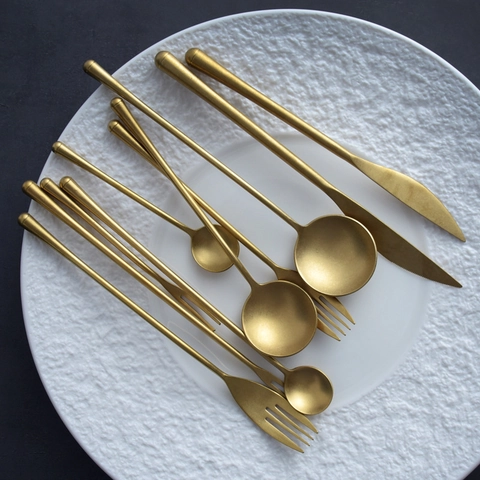 Retro Gold 304 Stainless Steel Cutlery Japanese Matte Brushed Tableware Dinner Knife Fork Spoon Home Kitchen Elegant