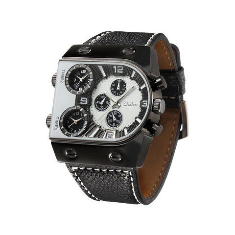 Oulm Men Quartz Watch Large Dial Multi Time Zone Industrial Punk Style Faux Leather Strap Casual Wristwatch