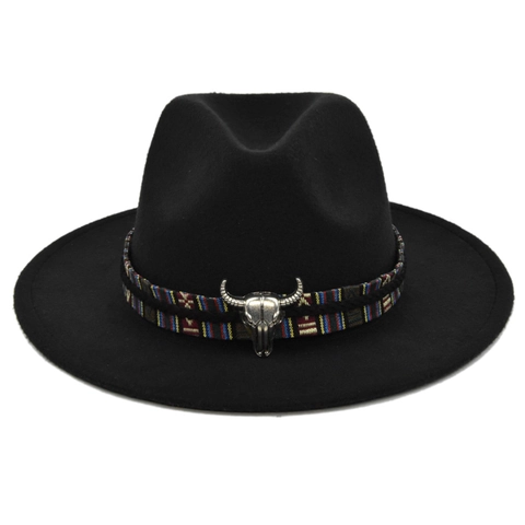 Retro Fedora Hat Wide Brim Felt Jazz Hat With Tribal Woven Band Metal Bull Head Accessory Western Cowboy Style