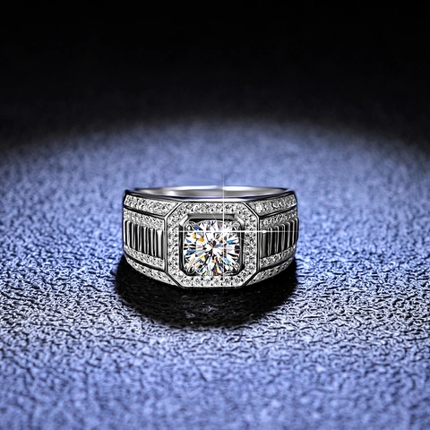 925 Sterlingsilber Moissanit Ring Für Herren Platinierte Luxus 1 Karat Moissanit Zirkonia Pavee Eingelegt Verstellbarer Bandring Schmuck