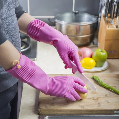 Guanti Da Pulizia In Gomma Impermeabili Antiscivolo Lavaggio Piatti Casa Cucina Con Gancio Per Appenderli Manica Lunga