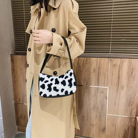 Borsa Baguette Da Donna Peluche Pelliccia Sintetica Stampa Animale Zebra Mucca Borsa A Spalla Ascella Retro Moda Chic