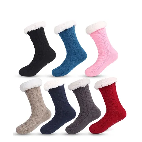 Winter Thermal Slipper Socks Fleece Lined Cable Knit Thick Warm Indoor House Socks With Anti Slip Silicone Grippers Unisex